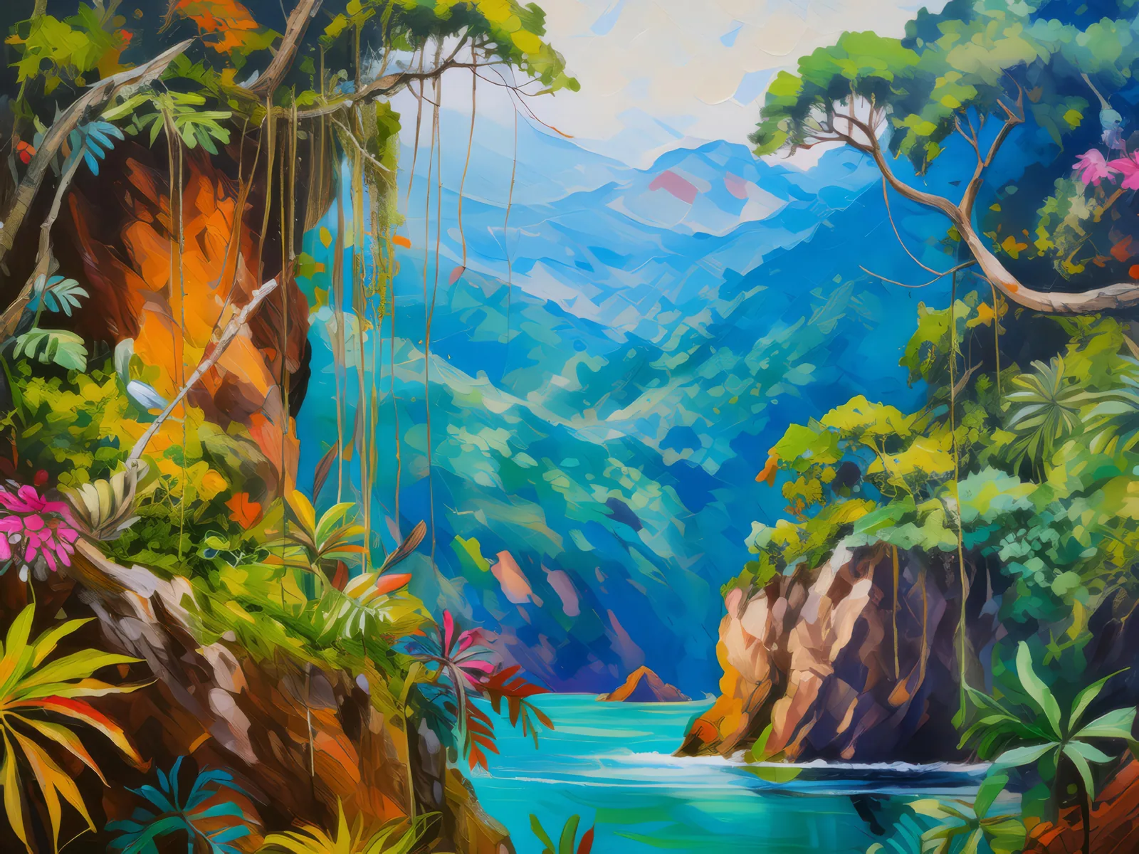 Jungle Cliff Chasm, a palette-knife oil landscape by Emma Mickelberg