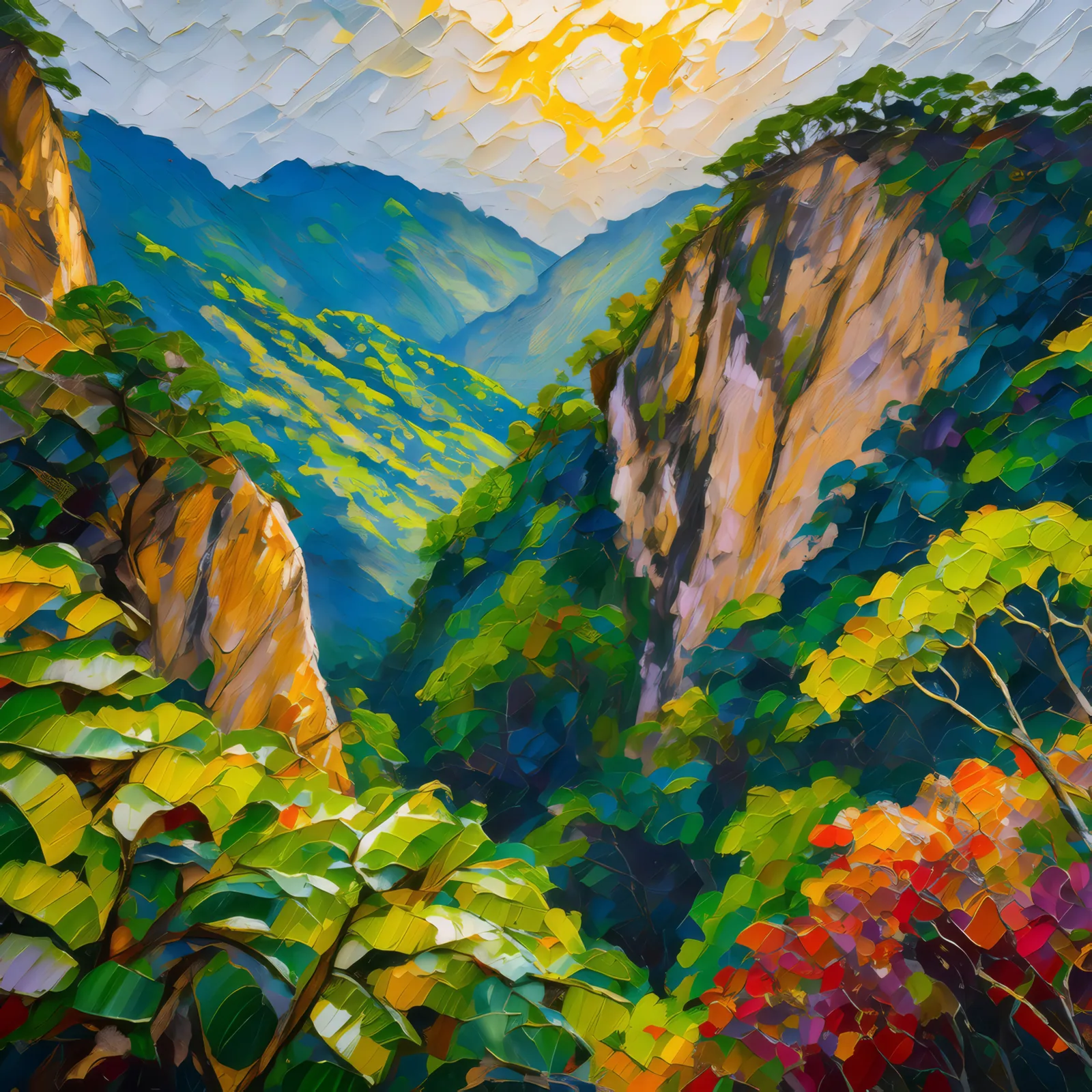 Jungle Cliffs of Tropical Mountain, a palette-knife oil landscape by Emma Mickelberg