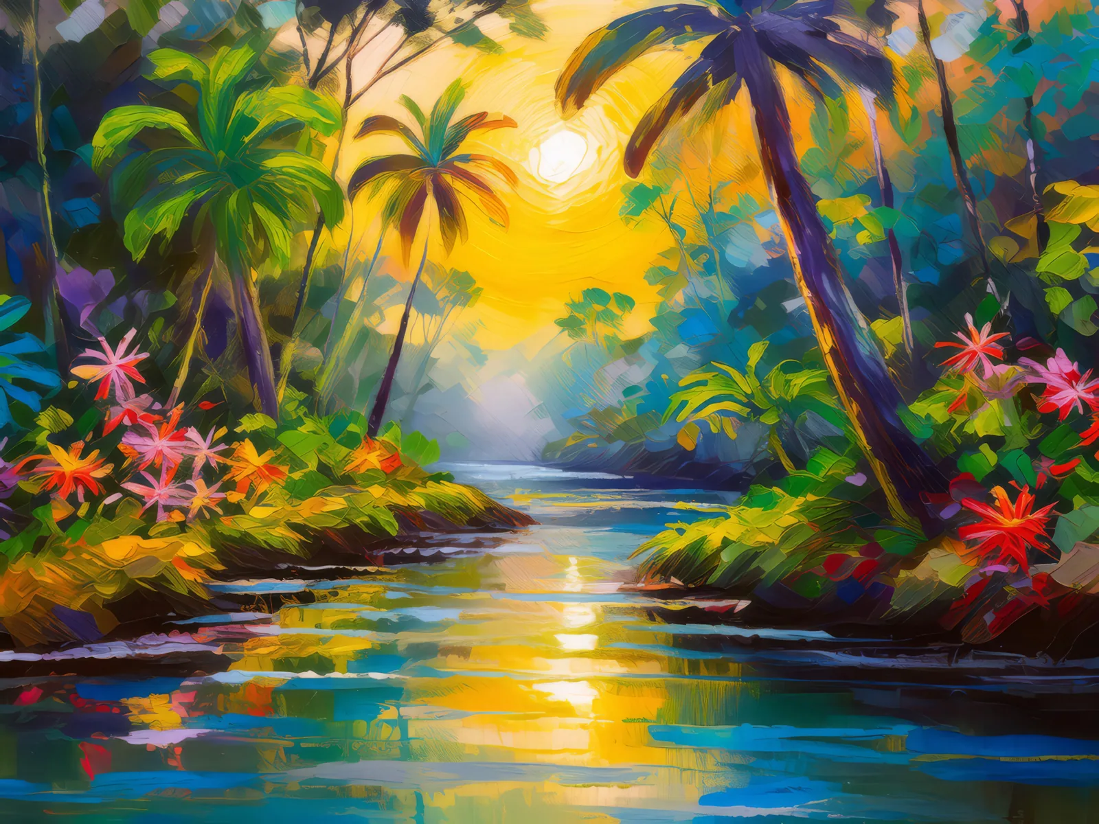 Jungle Creek at Sunrise, a palette-knife oil landscape by Emma Mickelberg