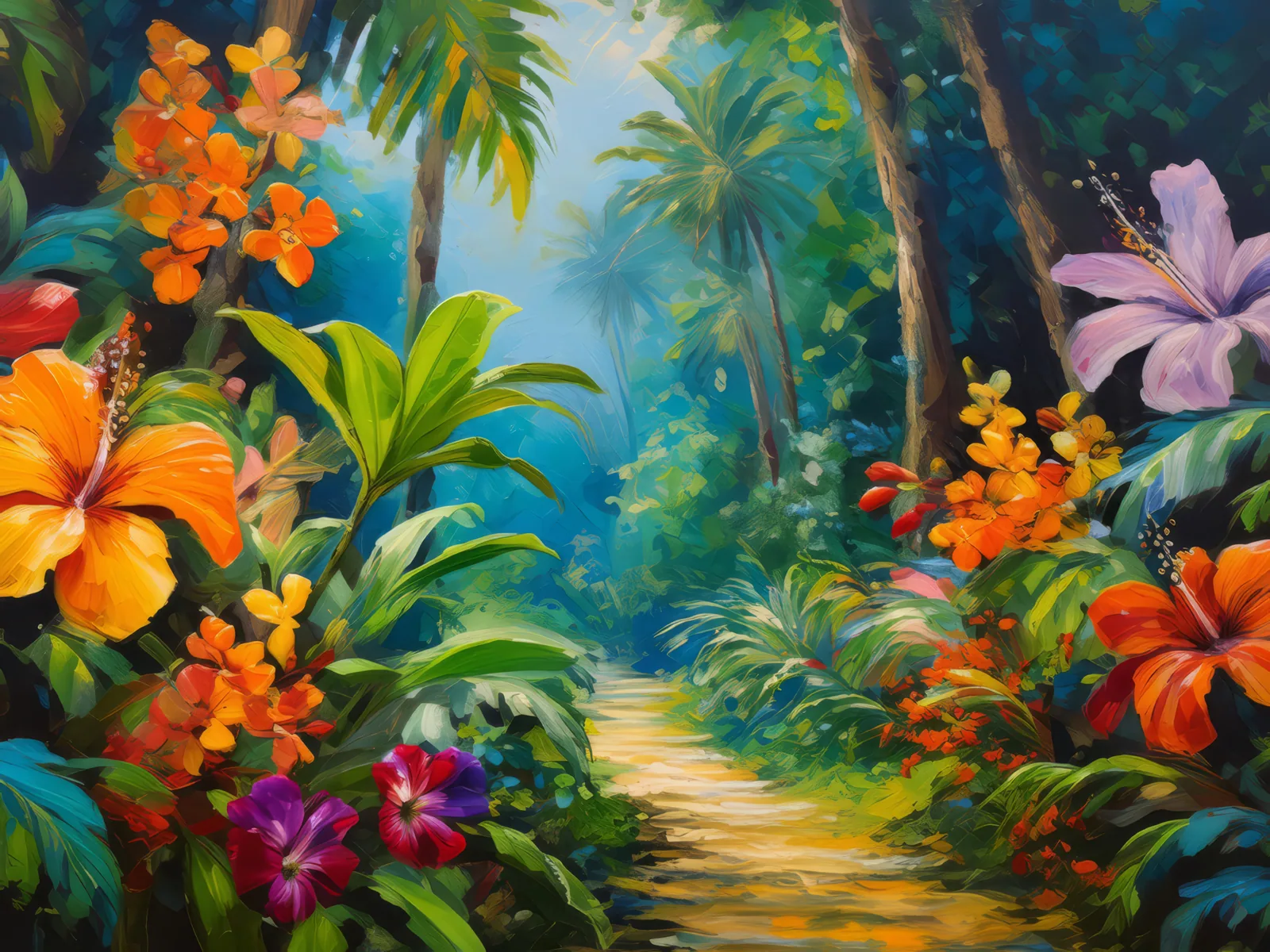 Jungle Flower Spectacle, a palette-knife oil landscape by Emma Mickelberg