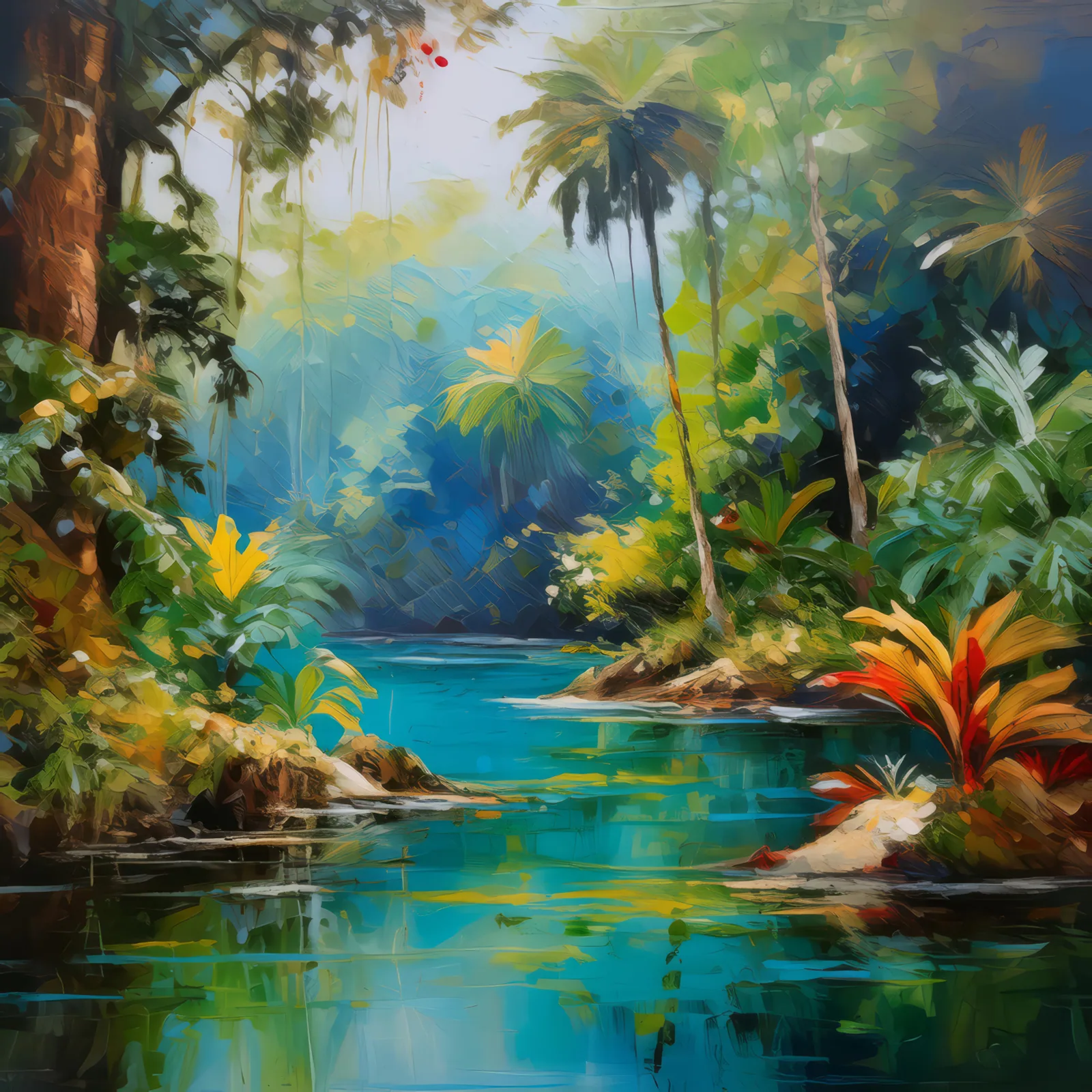 Jungle Lagoon, a palette-knife oil landscape by Emma Mickelberg
