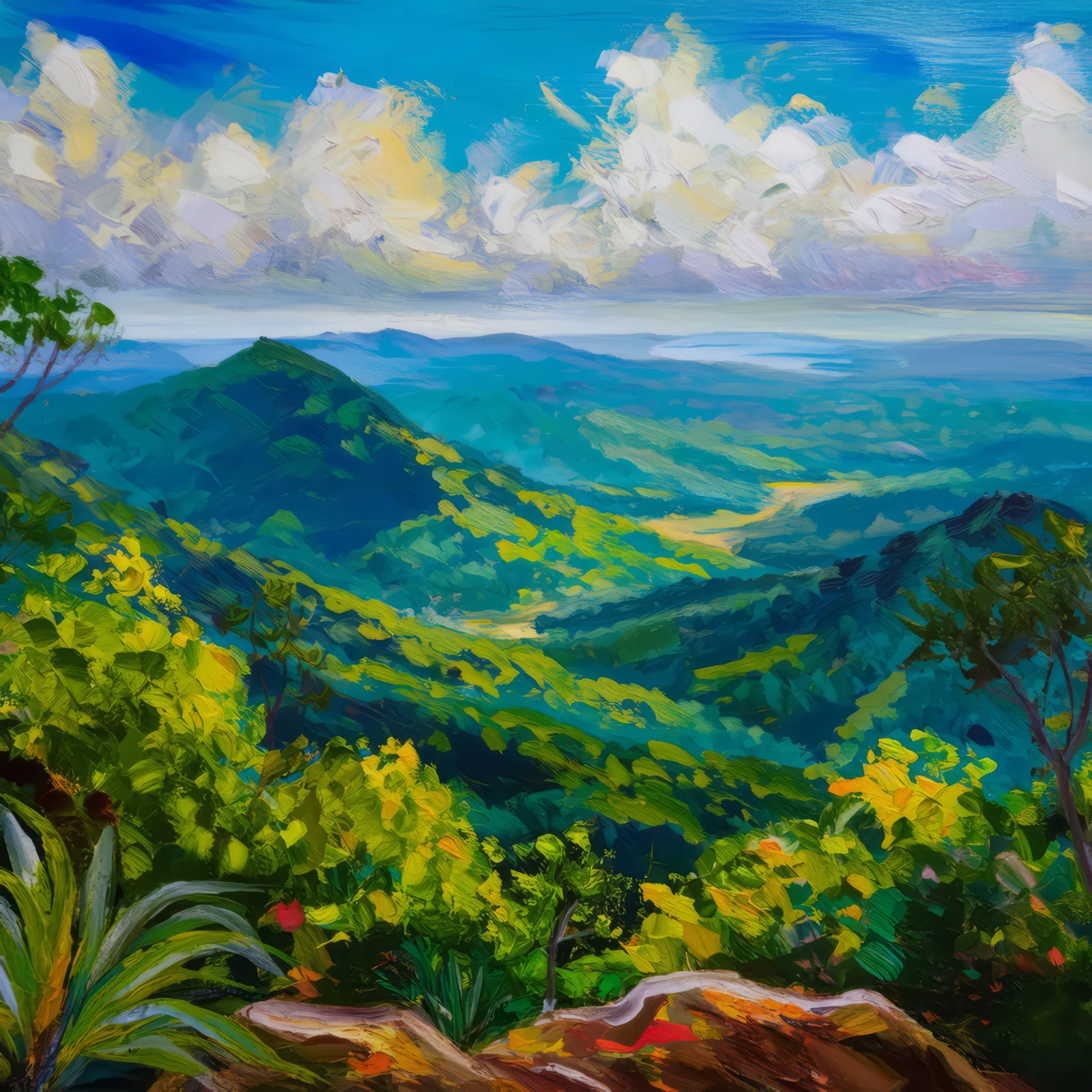 Jungle Mountain Vista, a palette-knife oil landscape by Emma Mickelberg