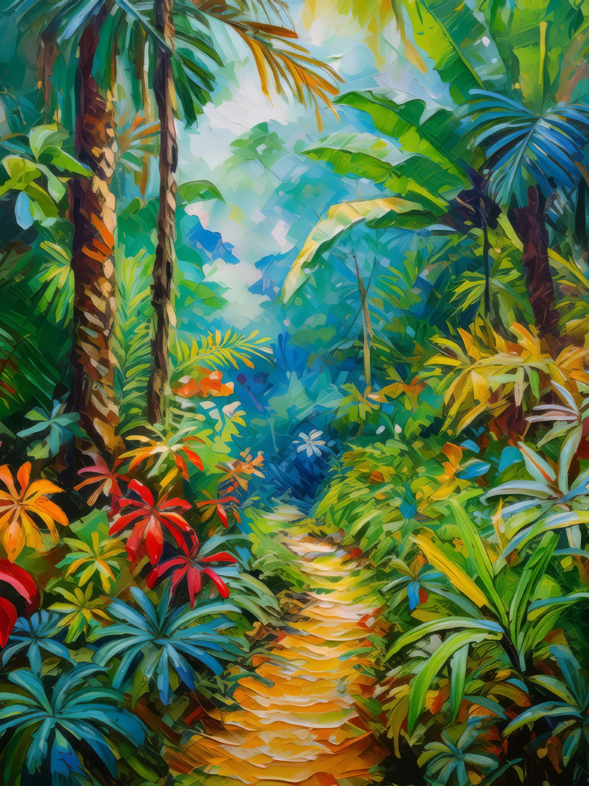 Jungle Path Adventure, a palette-knife oil landscape by Emma Mickelberg