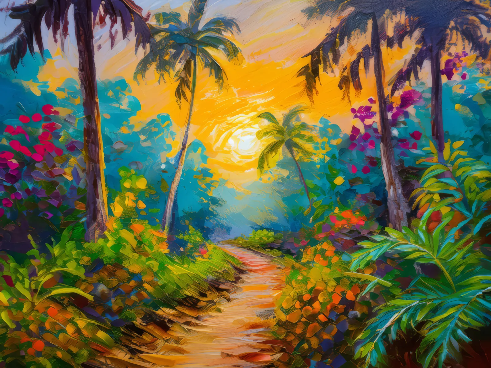 Jungle Pathway at Sunset, a palette-knife oil landscape by Emma Mickelberg