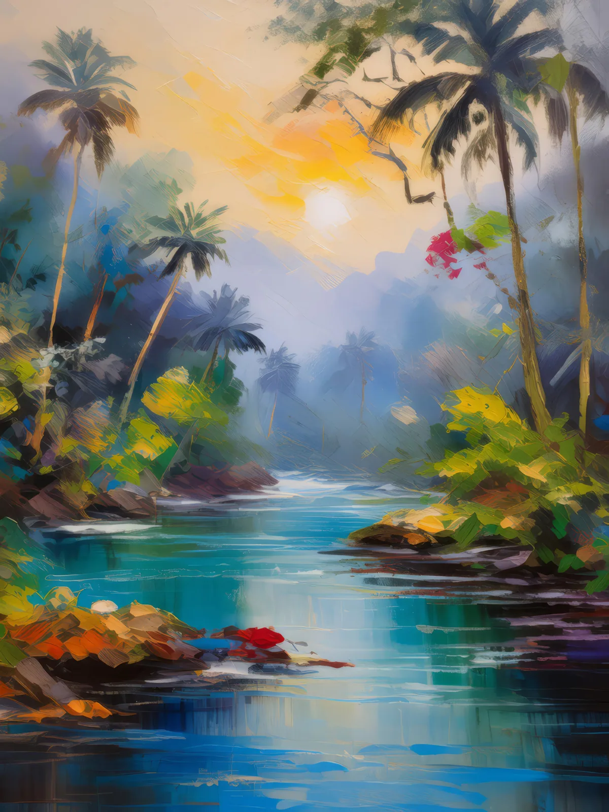 Jungle River Morning Mist, a palette-knife oil landscape by Emma Mickelberg