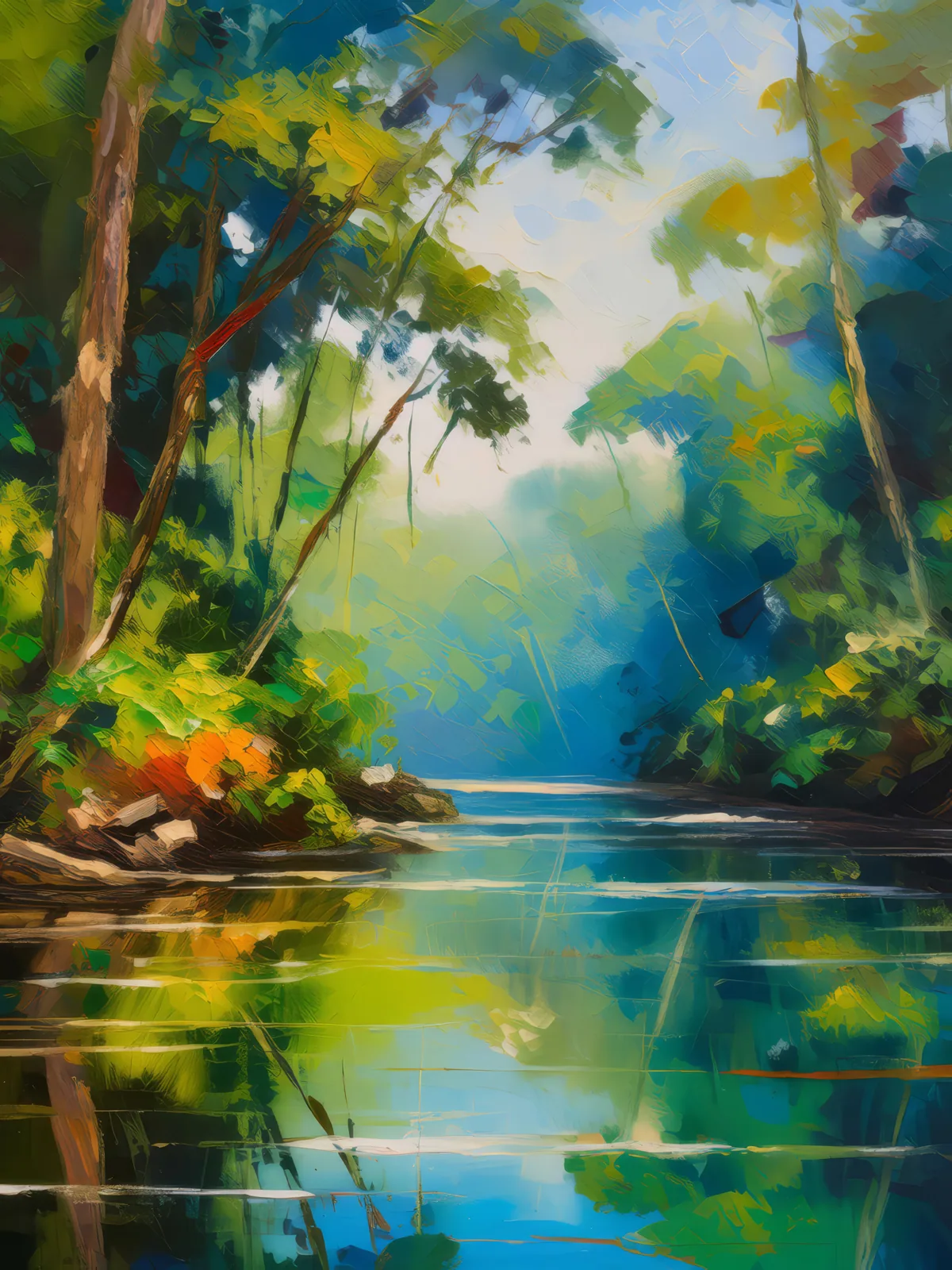 Jungle River Reflections, a palette-knife oil landscape by Emma Mickelberg