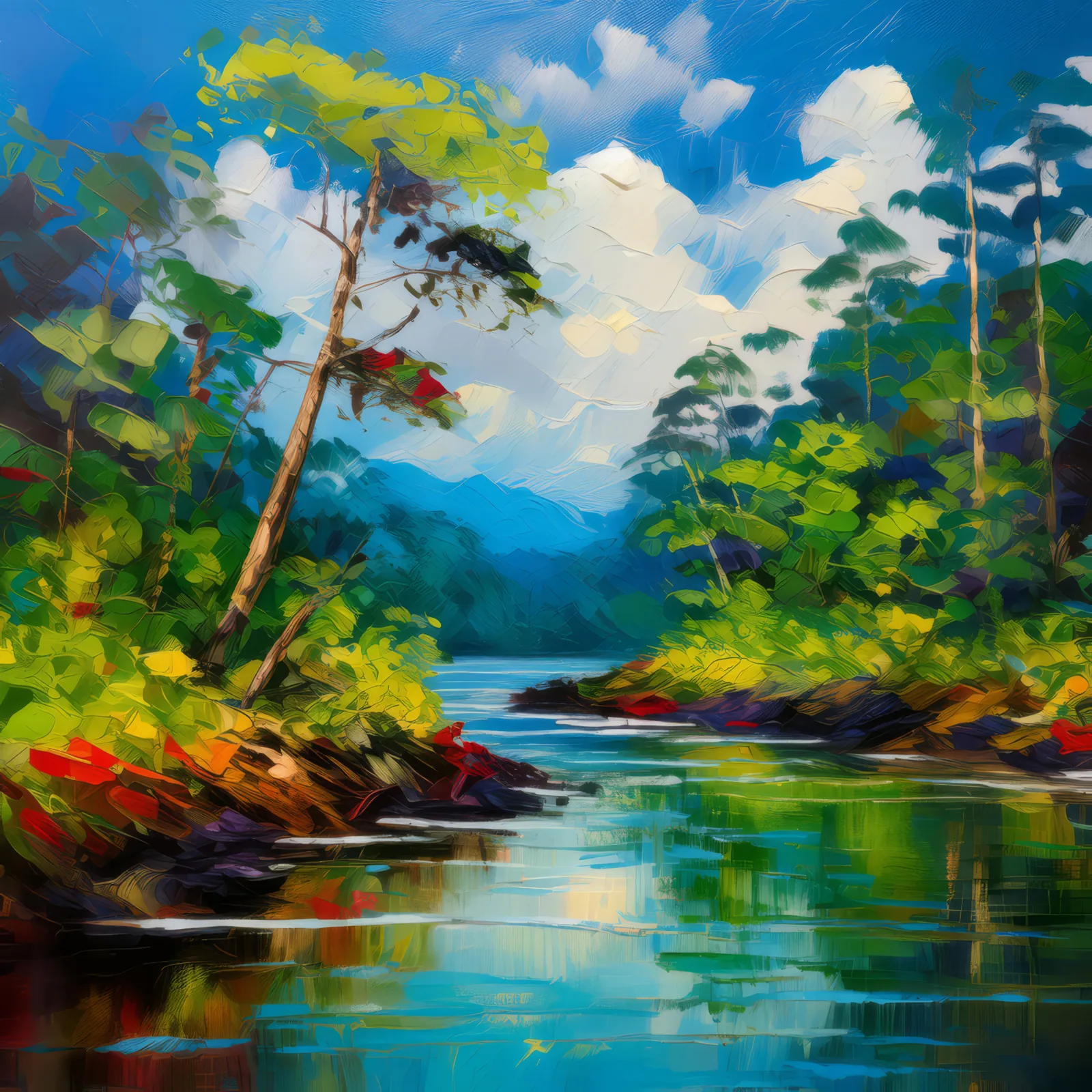 Jungle River's Serene Flow, a palette-knife oil landscape by Emma Mickelberg