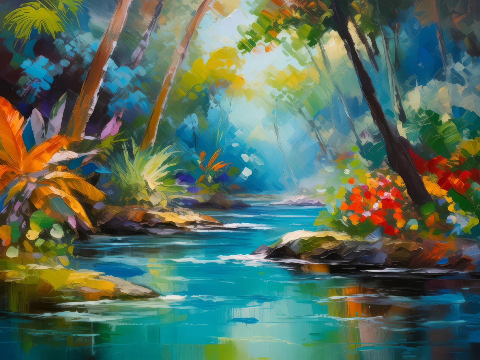 Jungle Stream Oasis, a palette-knife oil landscape by Emma Mickelberg