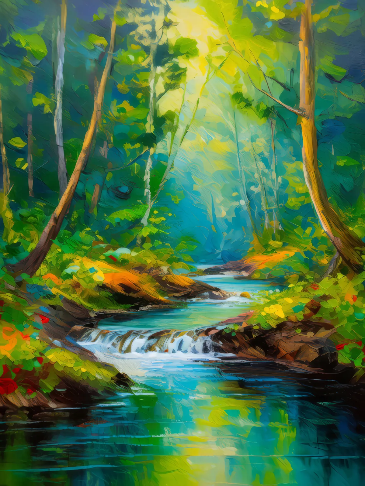 Jungle Stream's Serenade, a palette-knife oil landscape by Emma Mickelberg