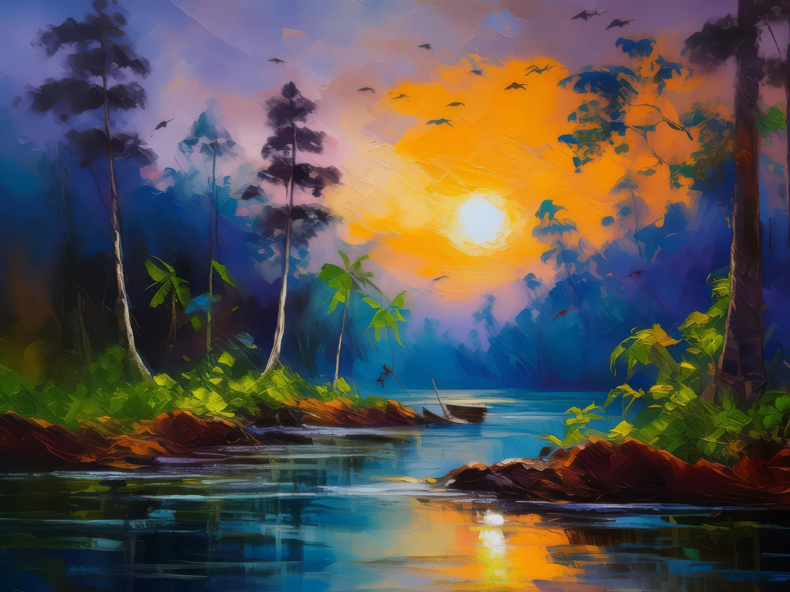 Jungle Symphony at Dusk, a palette-knife oil landscape by Emma Mickelberg