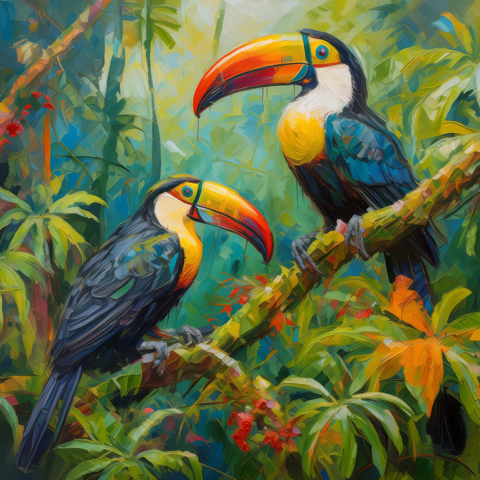 Jungle Toucan Habitat, a palette-knife oil landscape by Emma Mickelberg