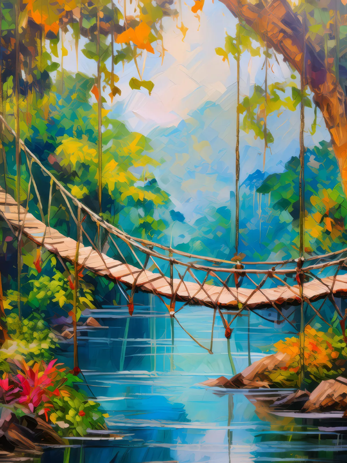Jungle Vine Suspension Bridge, a palette-knife oil landscape by Emma Mickelberg