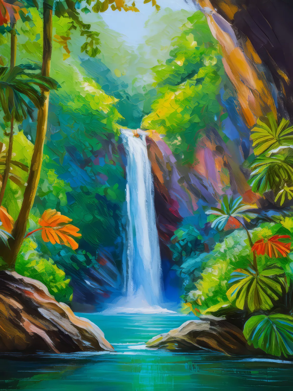 Jungle Waterfall Chasm, a palette-knife oil landscape by Emma Mickelberg