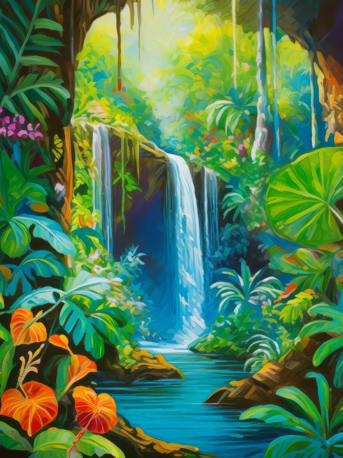 Jungle Waterfall Grotto, a palette-knife oil landscape by Emma Mickelberg