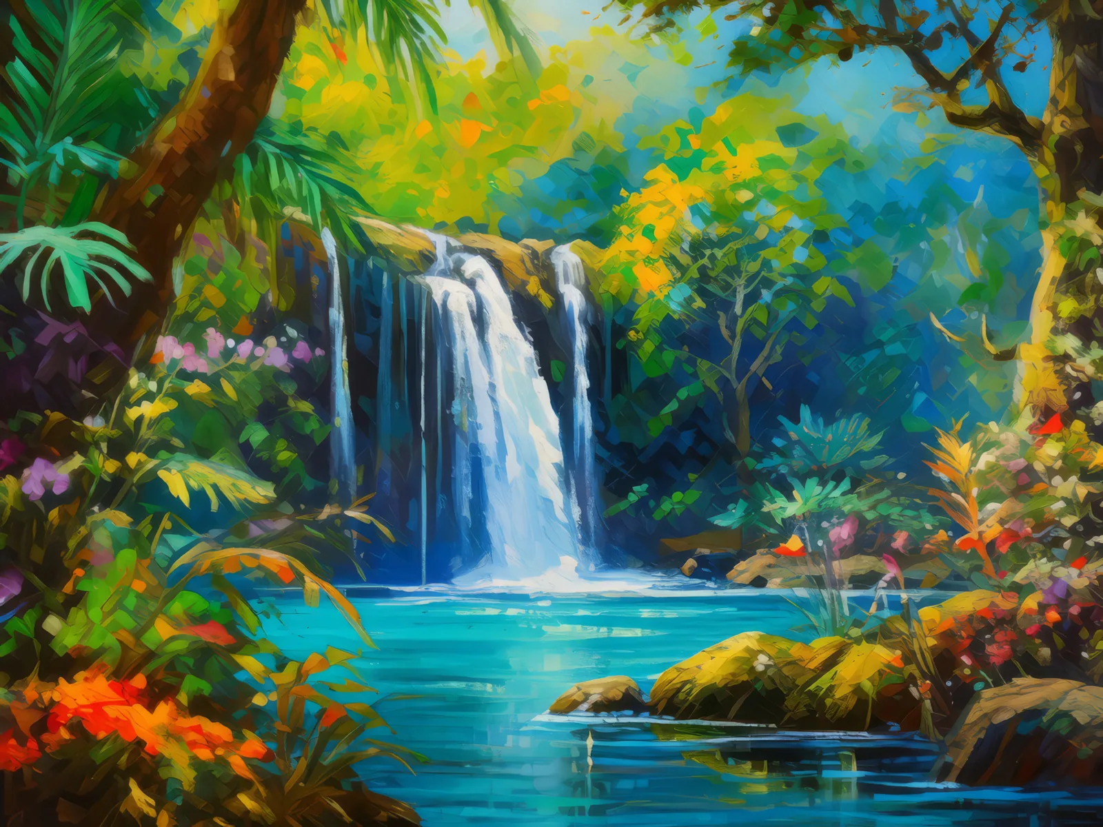 Jungle Waterfall Hideaway, a palette-knife oil landscape by Emma Mickelberg