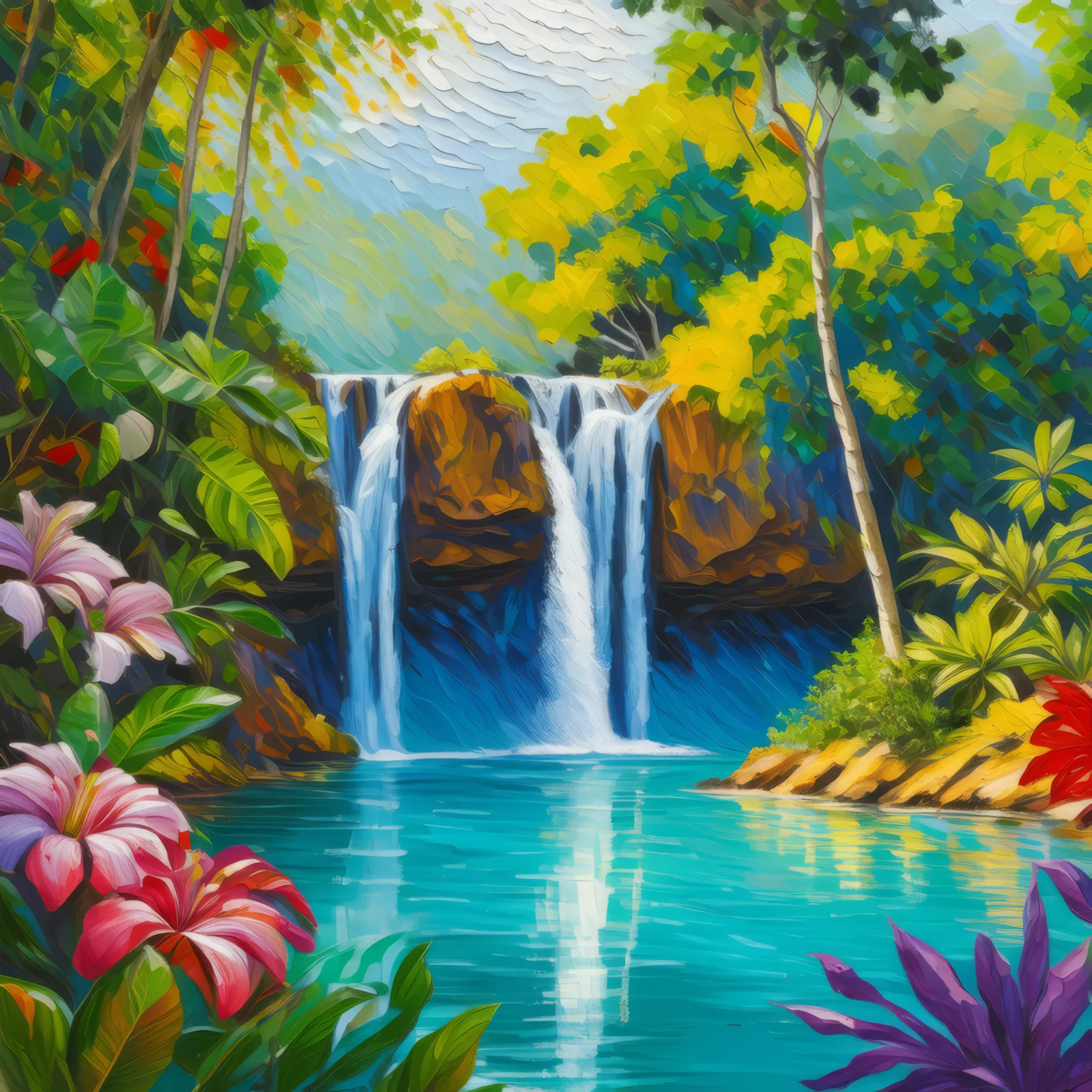 Jungle Waterfall Paradise, a palette-knife oil landscape by Emma Mickelberg