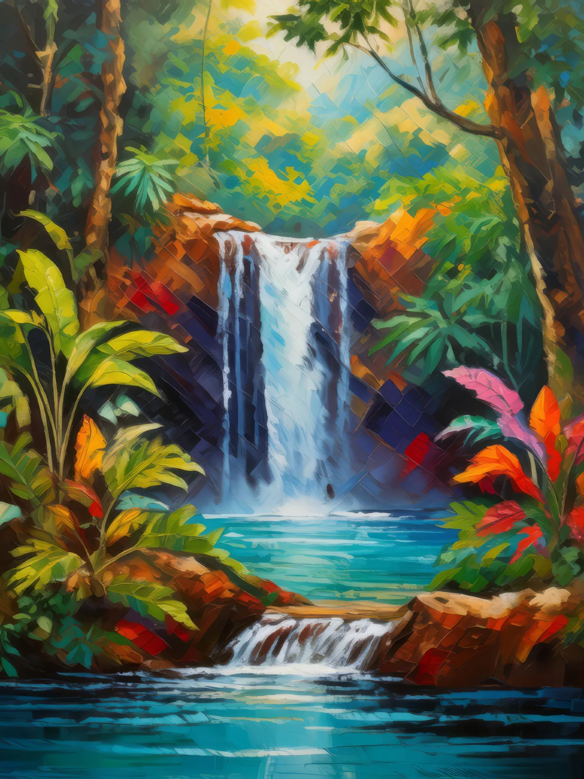 Jungle Waterfall's Hidden Gem, a palette-knife oil landscape by Emma Mickelberg