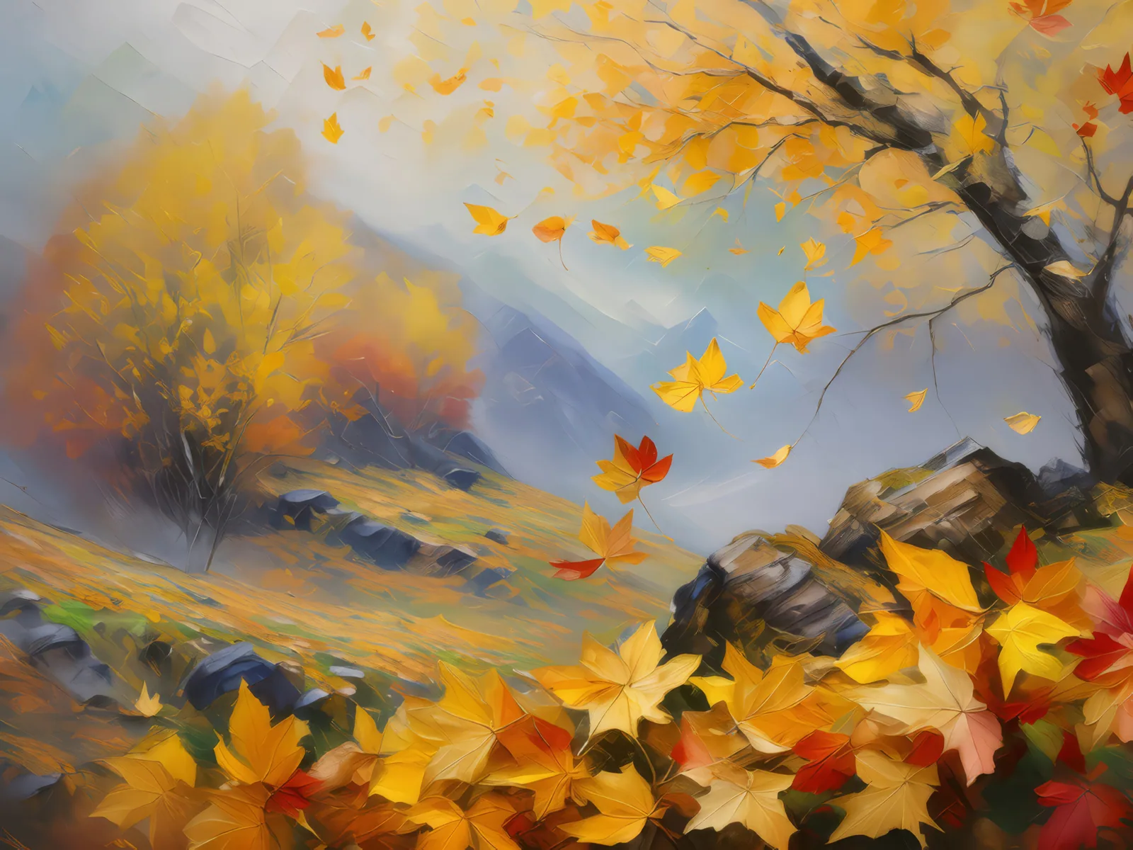 Knoll Autumn Mist, a palette-knife oil landscape by Emma Mickelberg