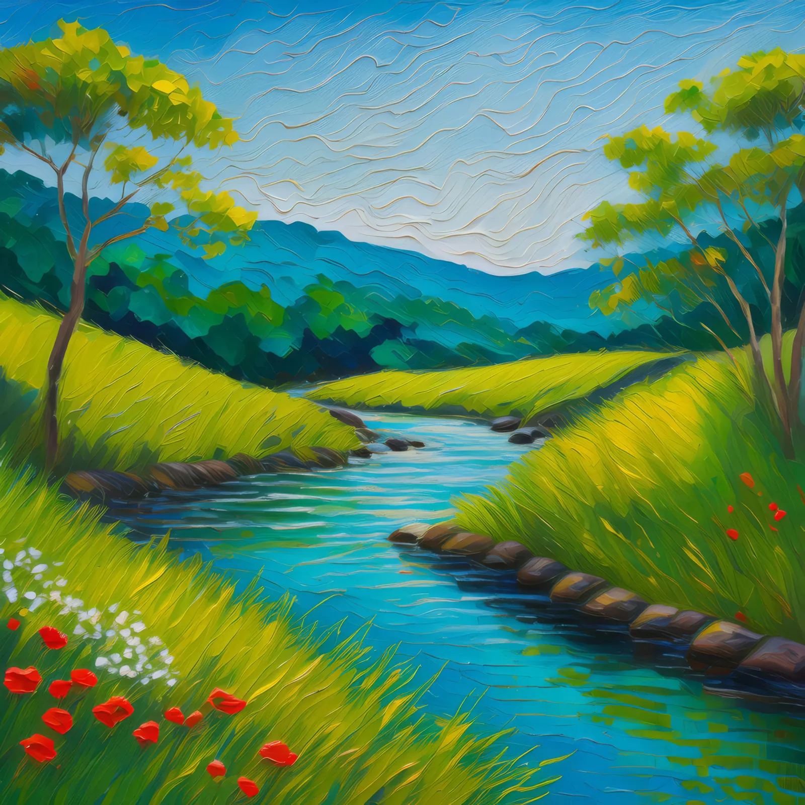 Knoll Creek Serenity, a palette-knife oil landscape by Emma Mickelberg