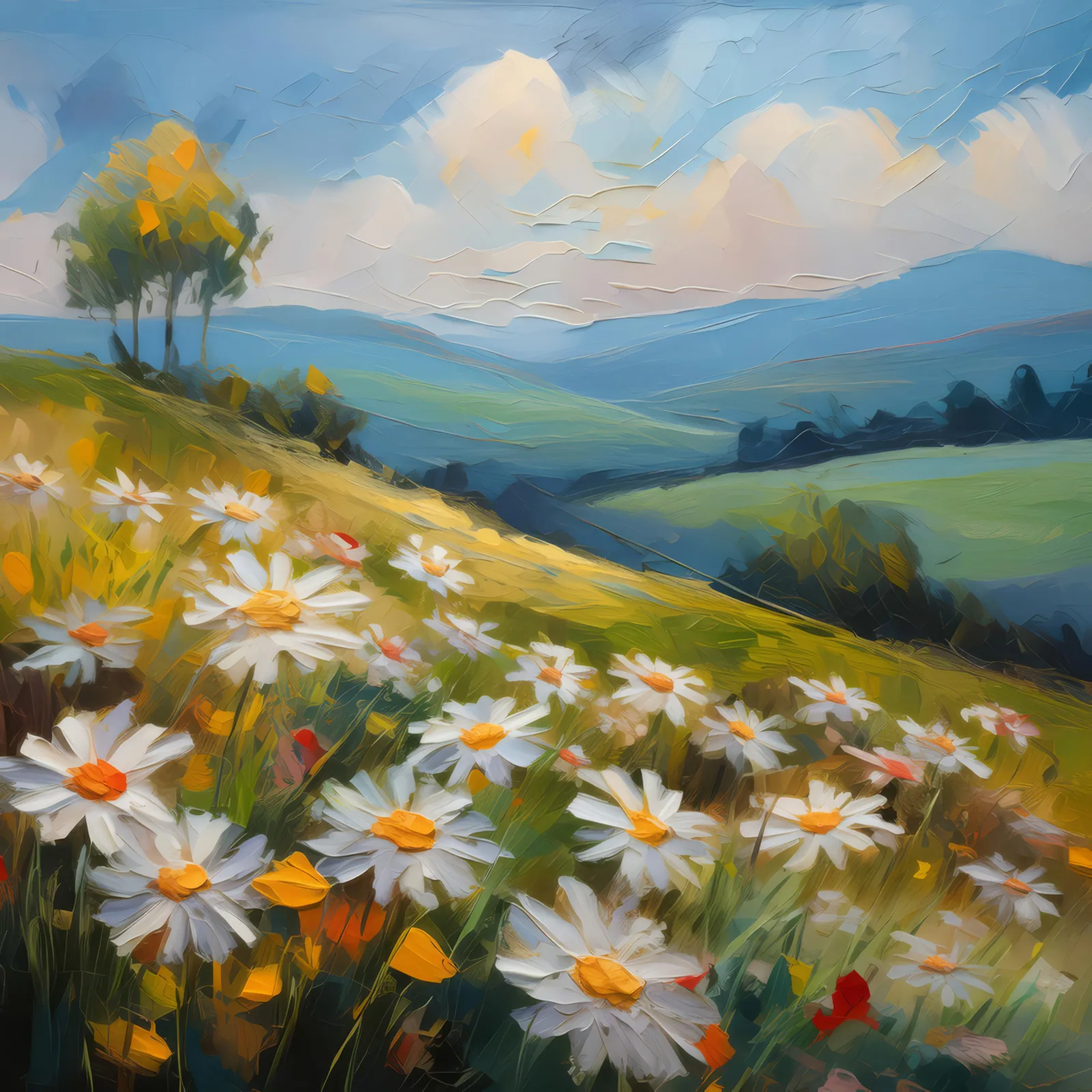 Knoll Daisy Dreamscape, a palette-knife oil landscape by Emma Mickelberg