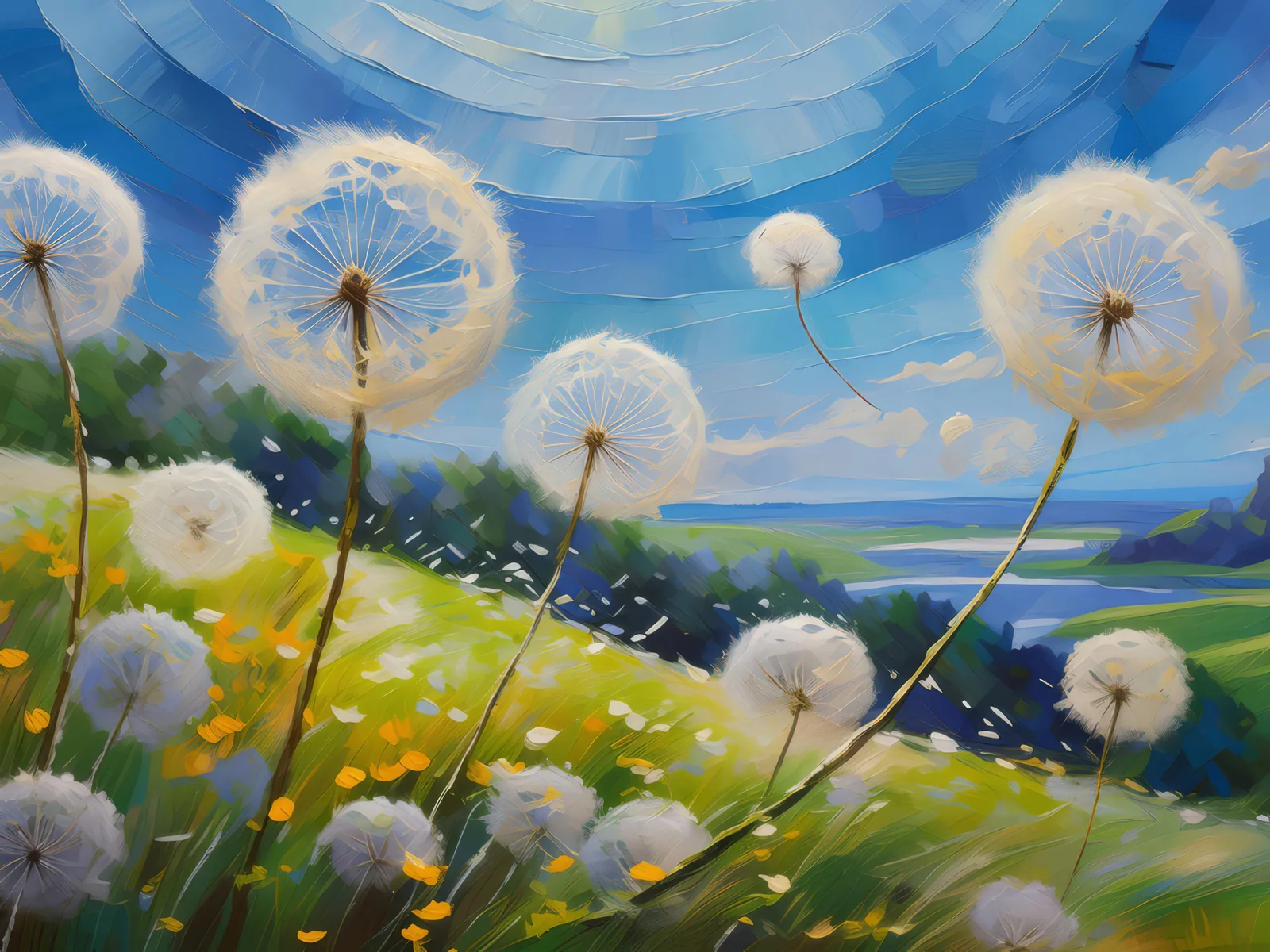 Knoll Dandelion Wishes, a palette-knife oil landscape by Emma Mickelberg