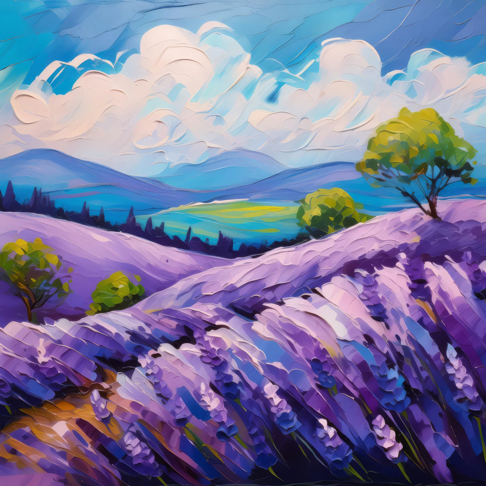 Knoll Lavender Field, a palette-knife oil landscape by Emma Mickelberg