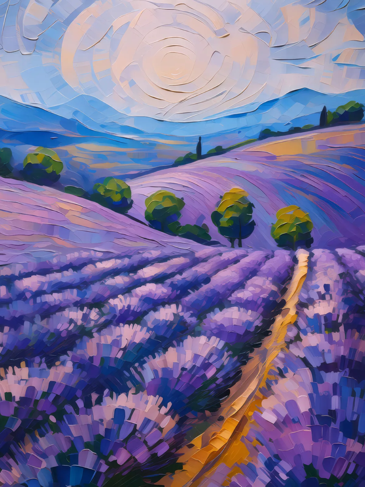 Knoll Lavender Fields Forever, a palette-knife oil landscape by Emma Mickelberg