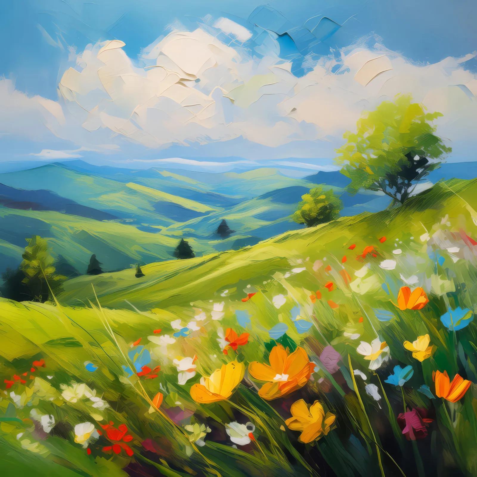 Knoll Springtime Renewal, a palette-knife oil landscape by Emma Mickelberg