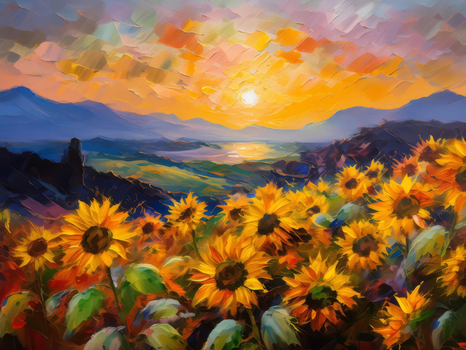 Knoll Sunflower Sunset Symphony, a palette-knife oil landscape by Emma Mickelberg