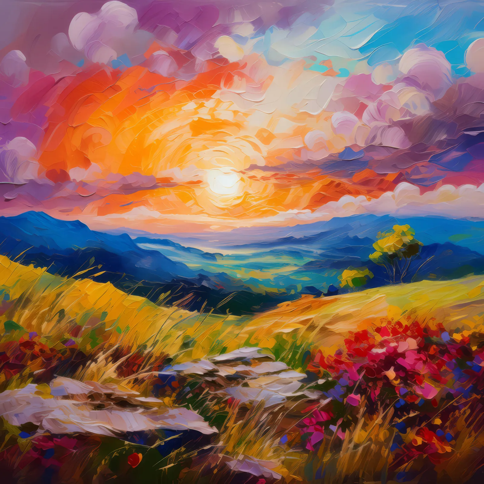 Knoll Sunset Painting, a palette-knife oil landscape by Emma Mickelberg