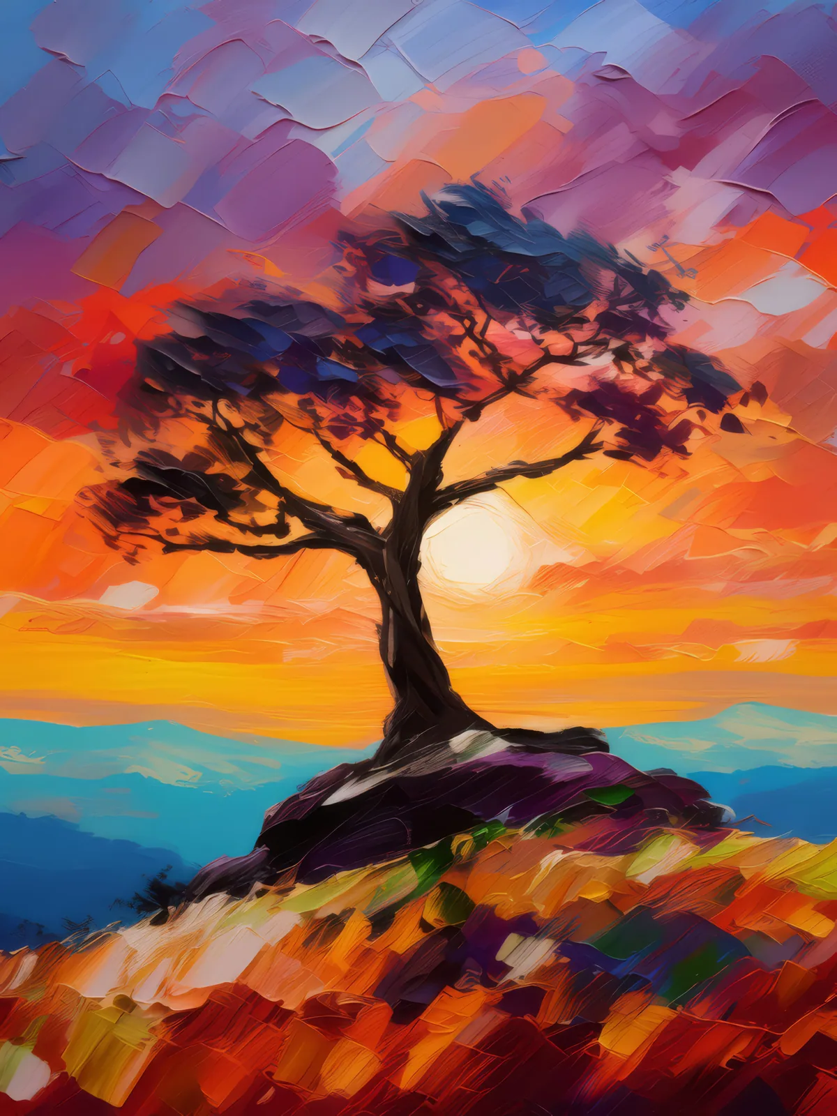 Knoll Sunset Silhouette, a palette-knife oil landscape by Emma Mickelberg