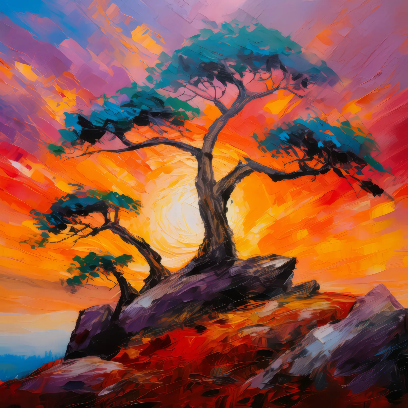 Knoll Sunset Silhouettes, a palette-knife oil landscape by Emma Mickelberg