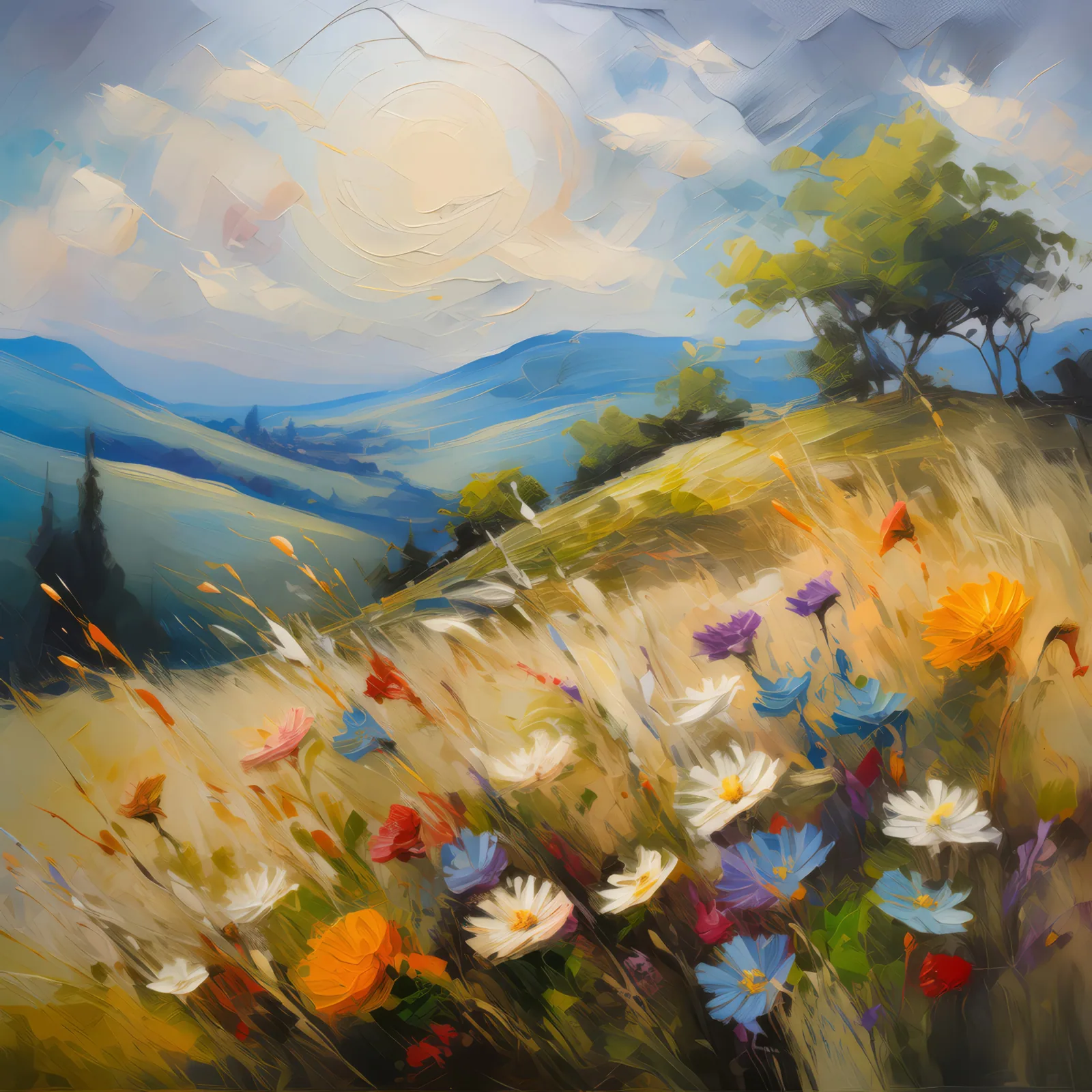 Knoll Wildflower Melody, a palette-knife oil landscape by Emma Mickelberg