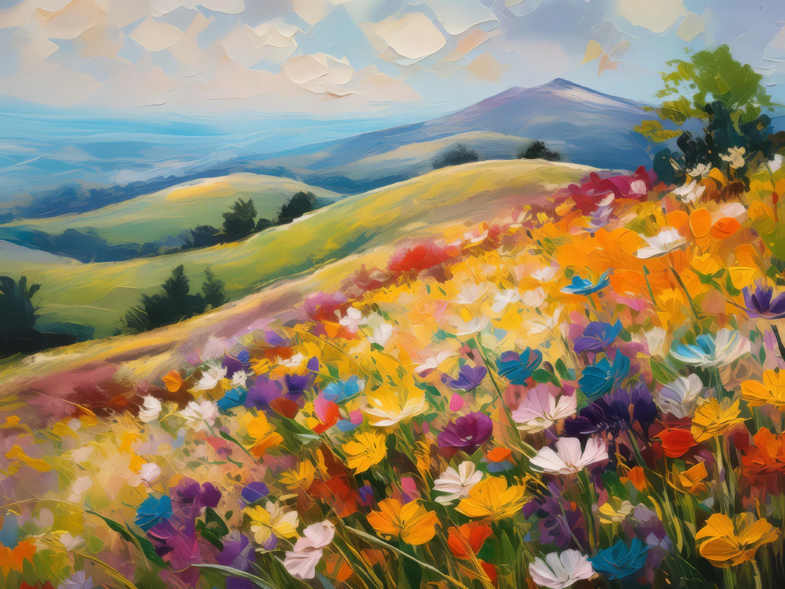 Knoll Wildflower Tapestry, a palette-knife oil landscape by Emma Mickelberg