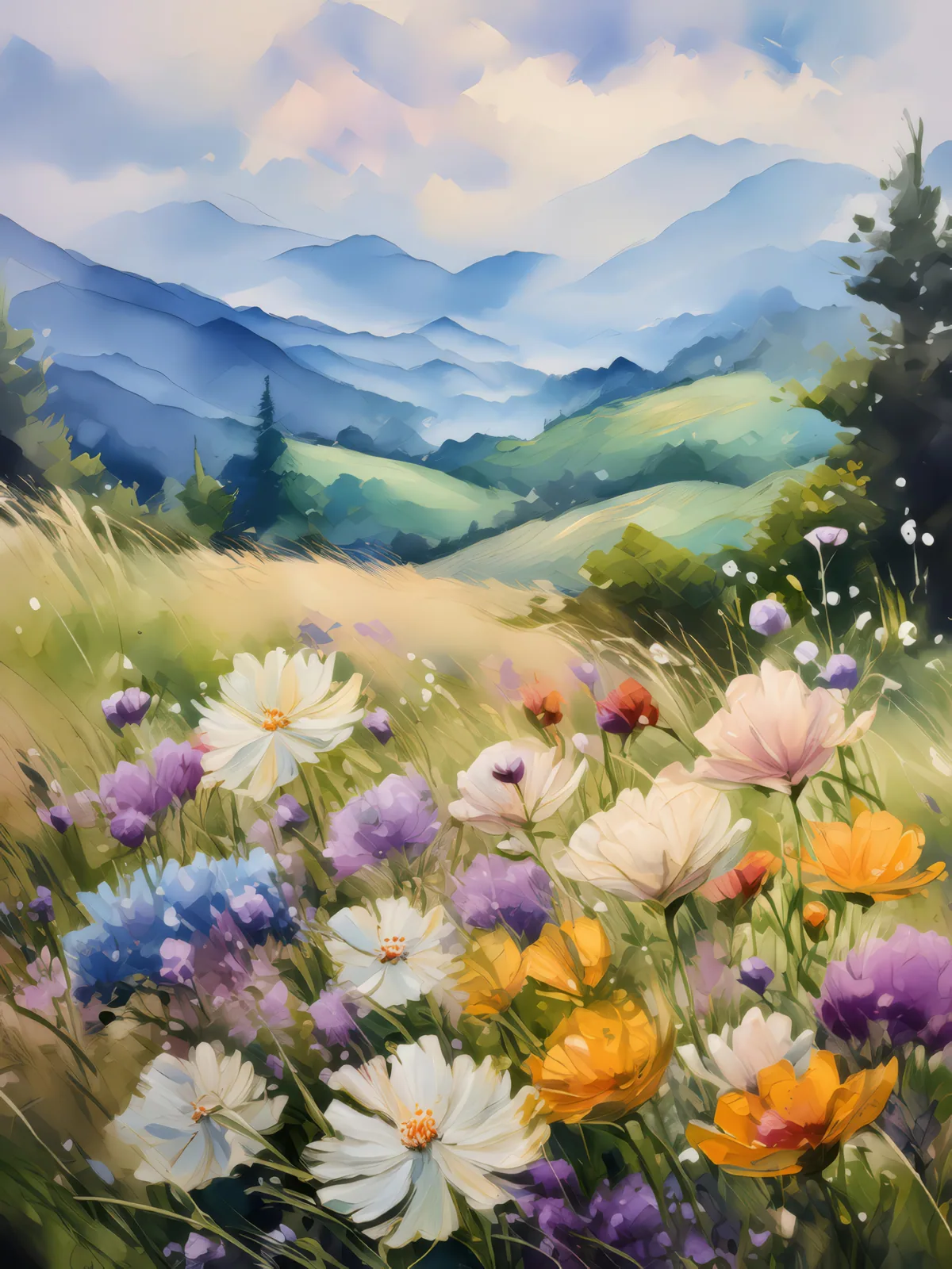 Knoll Wildflower Watercolor, a palette-knife oil landscape by Emma Mickelberg