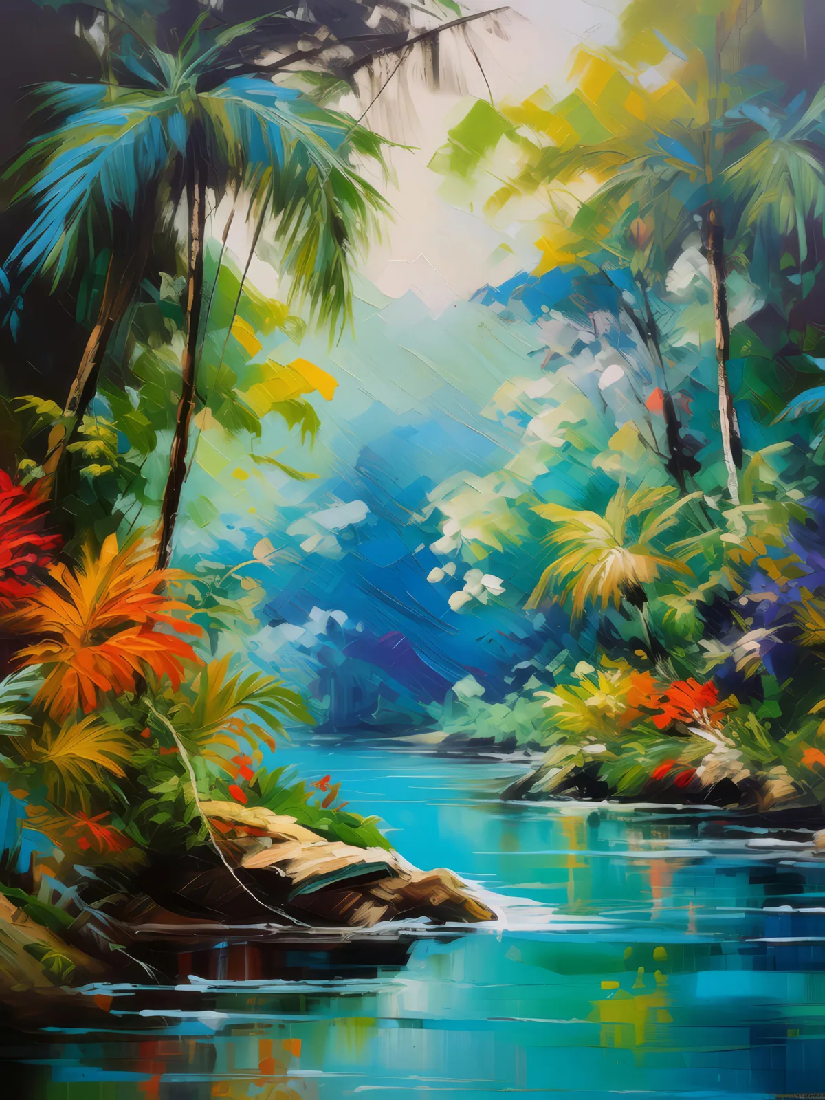 Lagoon in Jungle Heart, a palette-knife oil landscape by Emma Mickelberg