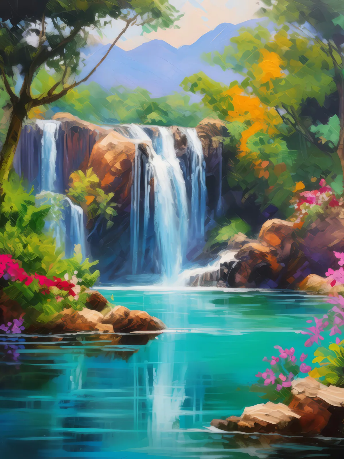 Lagoon with Waterfall, a palette-knife oil landscape by Emma Mickelberg
