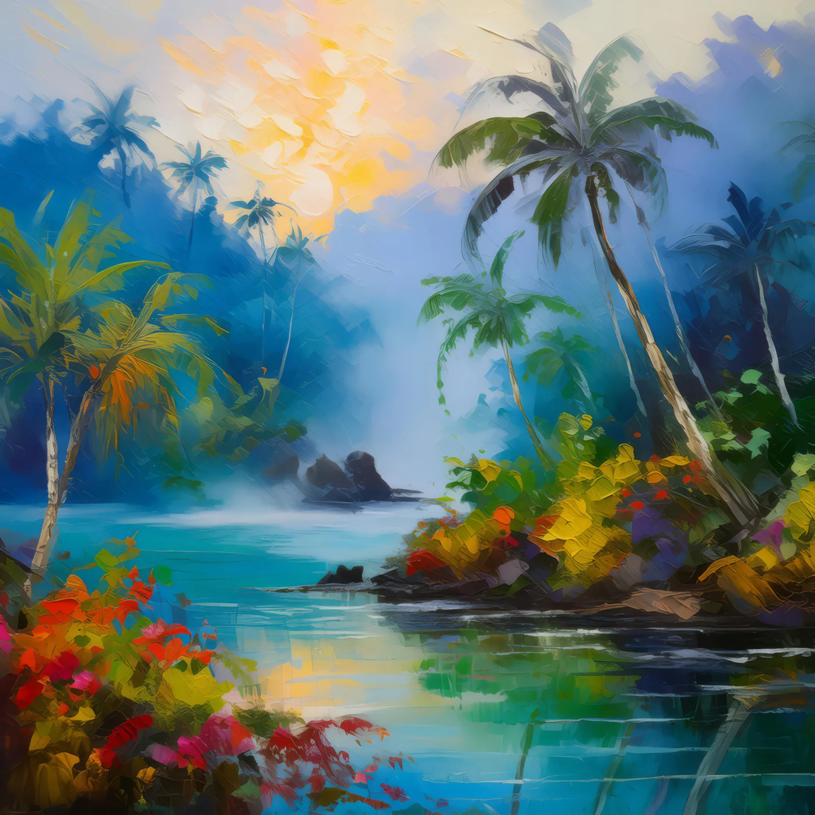 Lagoon's Edge Jungle Mist, a palette-knife oil landscape by Emma Mickelberg
