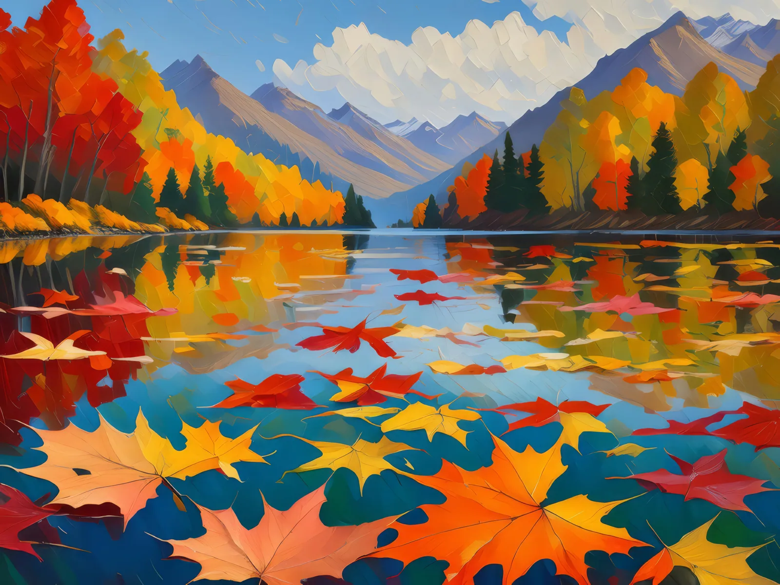 Lake of Floating Autumn Leaves, a palette-knife oil landscape by Emma Mickelberg