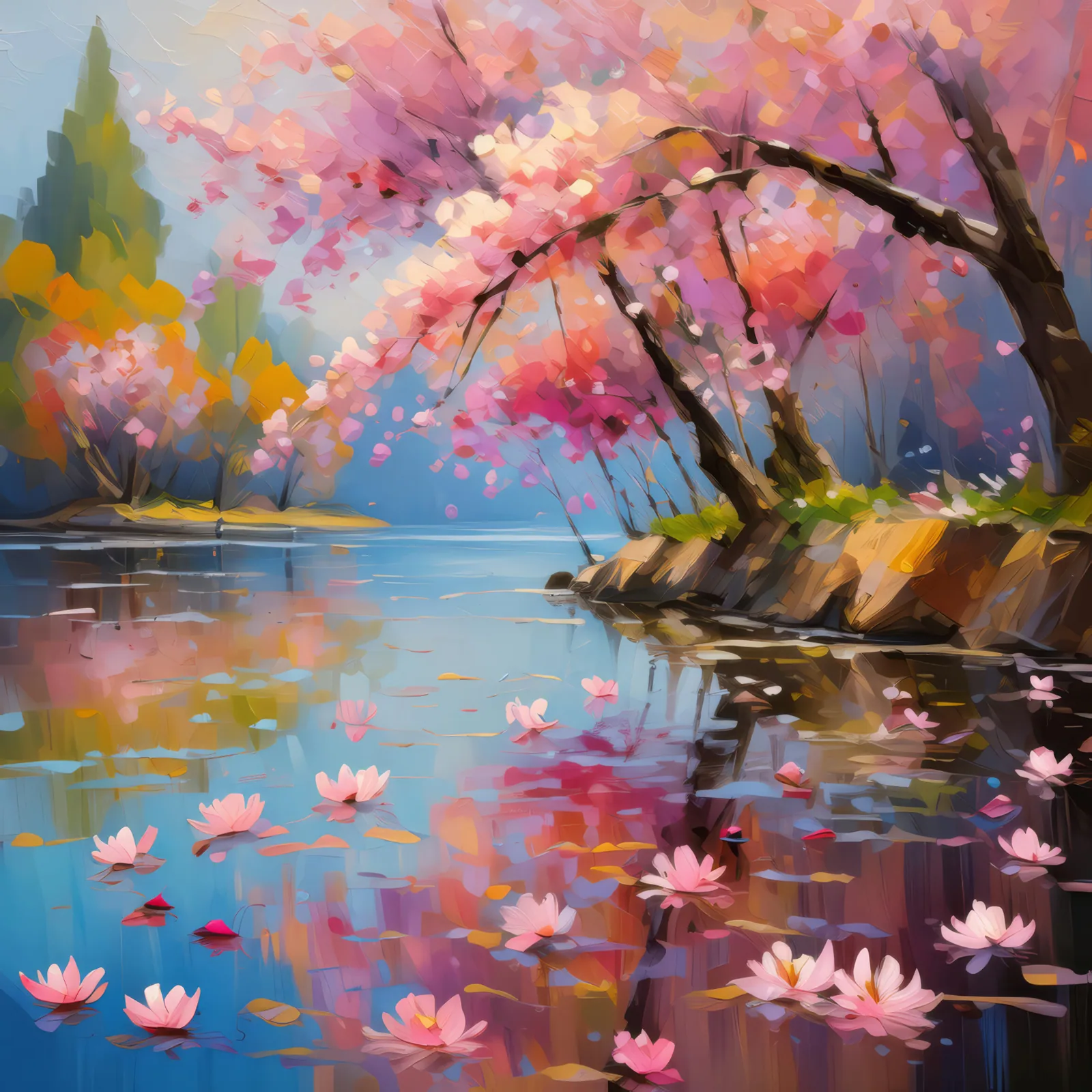 Lake of Floating Cherry Blossom Petals, a palette-knife oil landscape by Emma Mickelberg