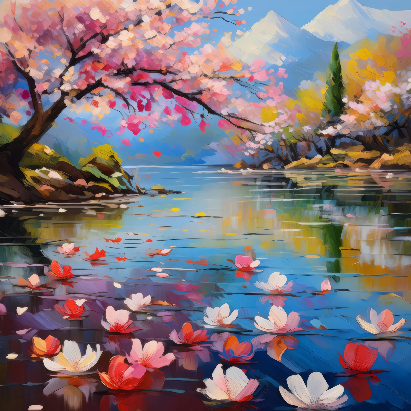 Lake of Floating Cherry Blossoms, a palette-knife oil landscape by Emma Mickelberg