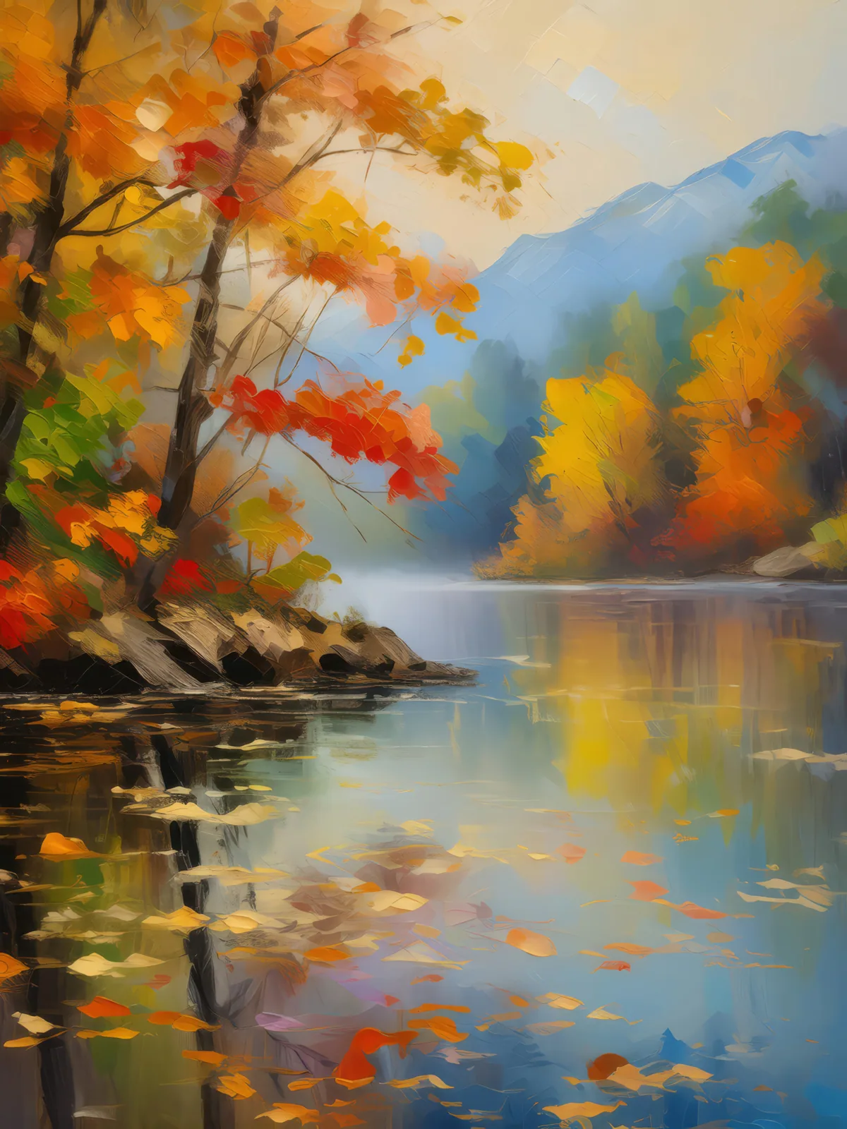Lakeside Autumn Mist, a palette-knife oil landscape by Emma Mickelberg