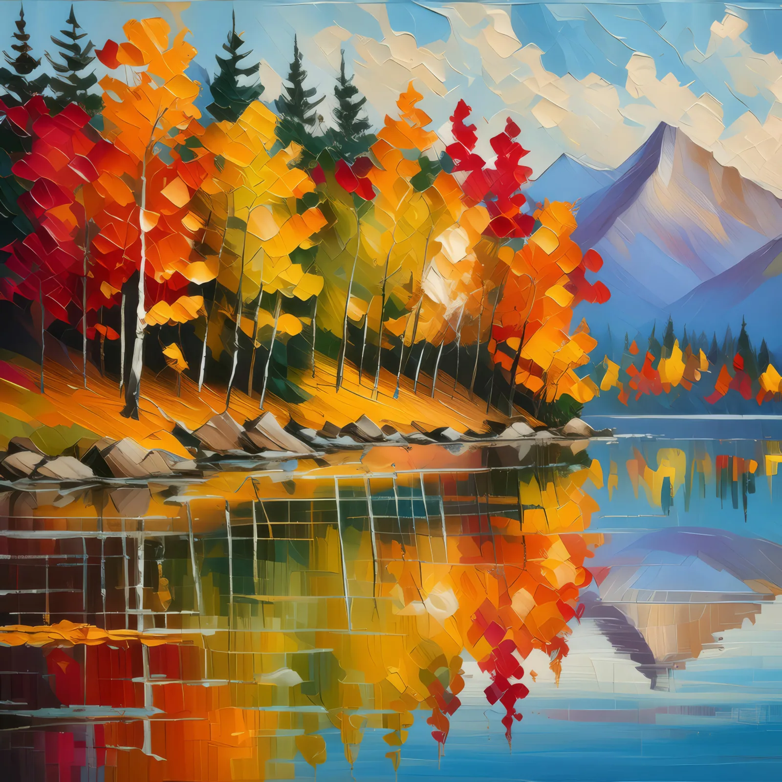 Lakeside Autumn Reflections, a palette-knife oil landscape by Emma Mickelberg