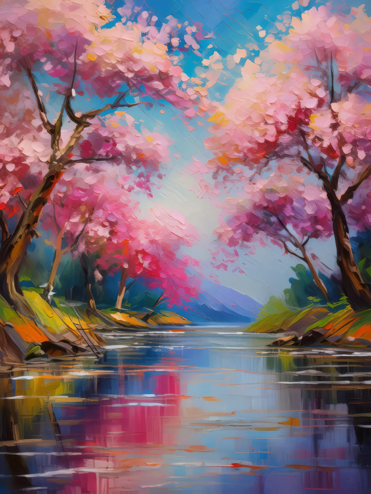 Lakeside Cherry Blossoms, a palette-knife oil landscape by Emma Mickelberg