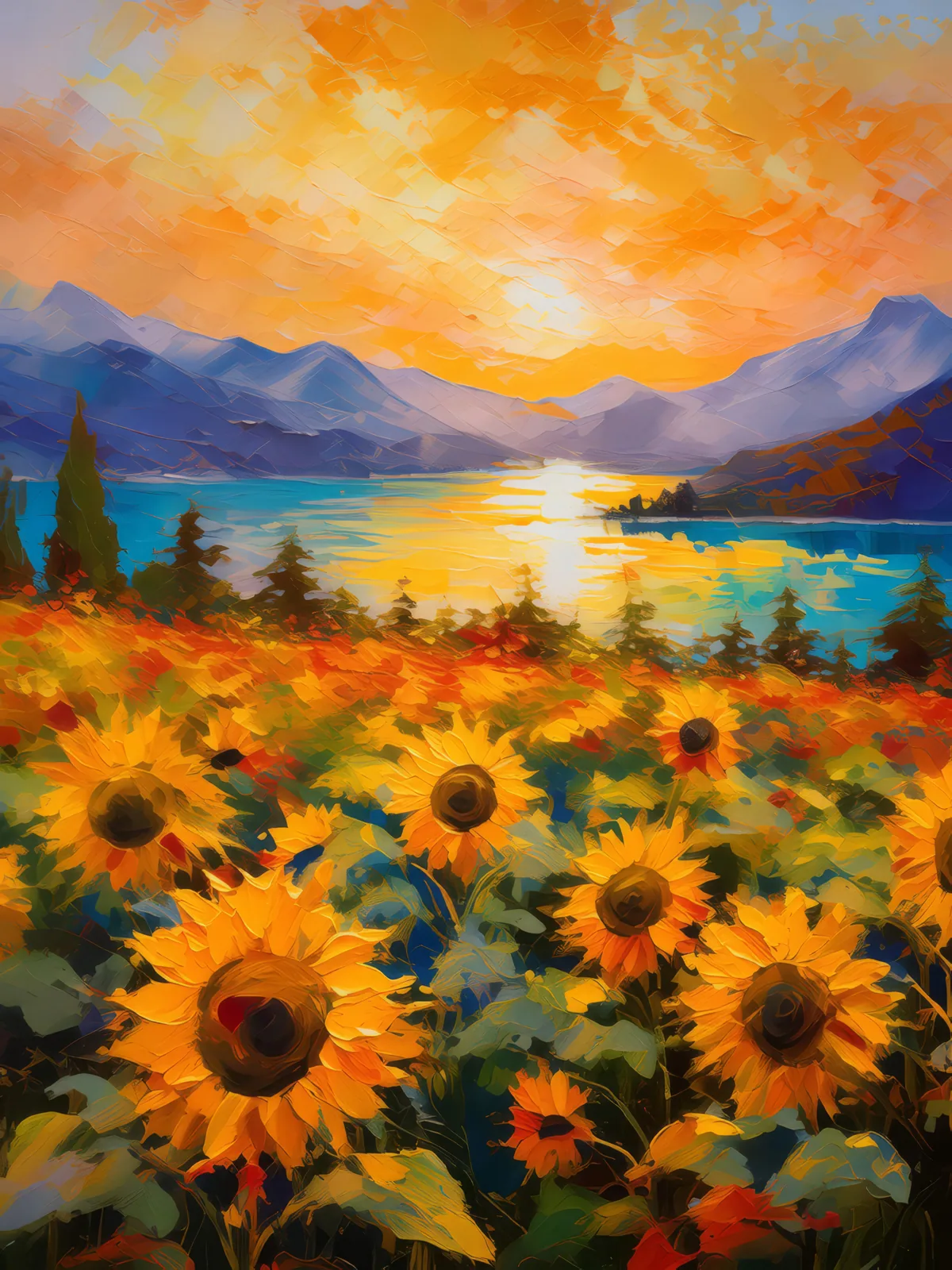 Lakeside Sunflower Field Sunset, a palette-knife oil landscape by Emma Mickelberg