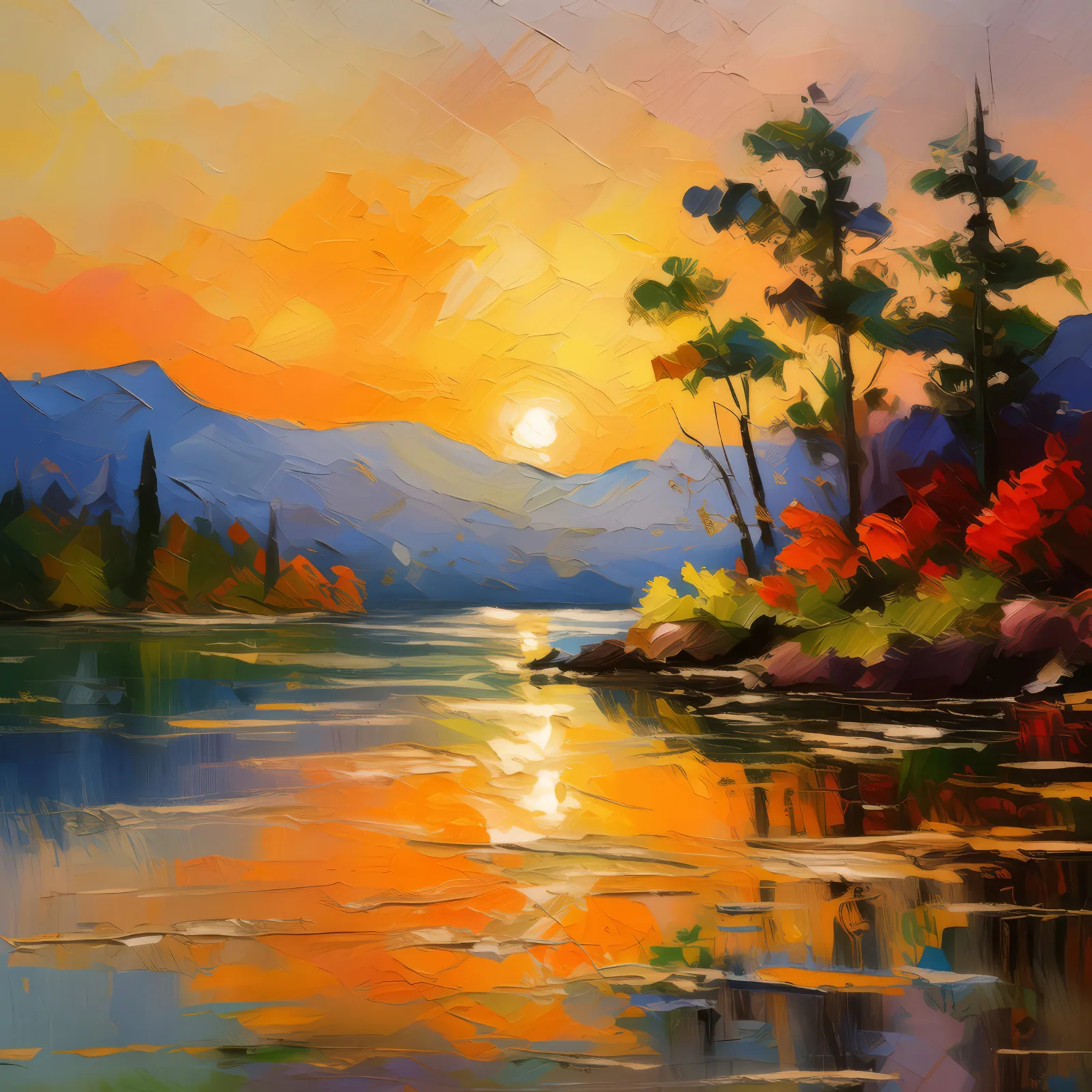 Lakeside Sunset Glow, a palette-knife oil landscape by Emma Mickelberg