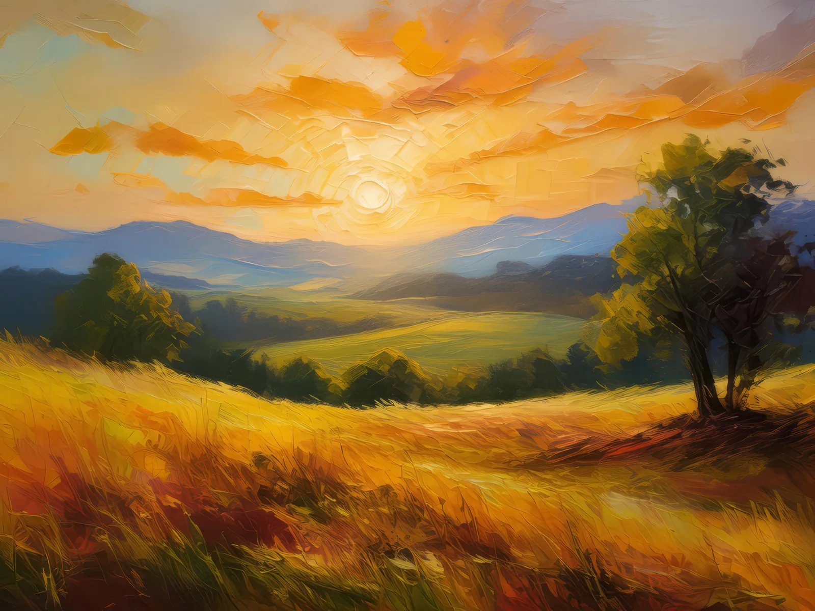 Late Afternoon in Grassland, a palette-knife oil landscape by Emma Mickelberg