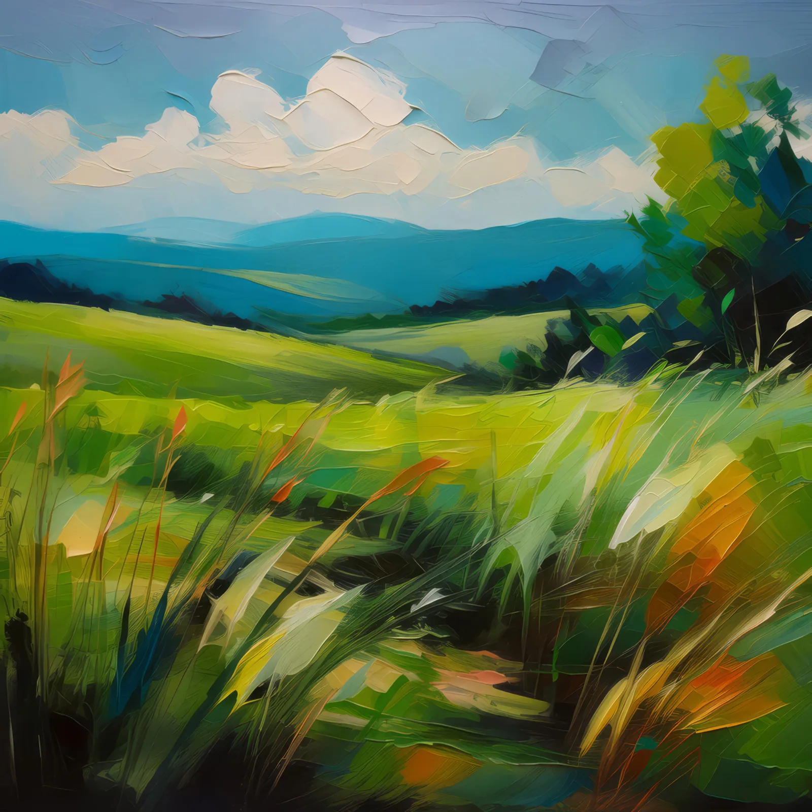 Late Summer Grassland, a palette-knife oil landscape by Emma Mickelberg