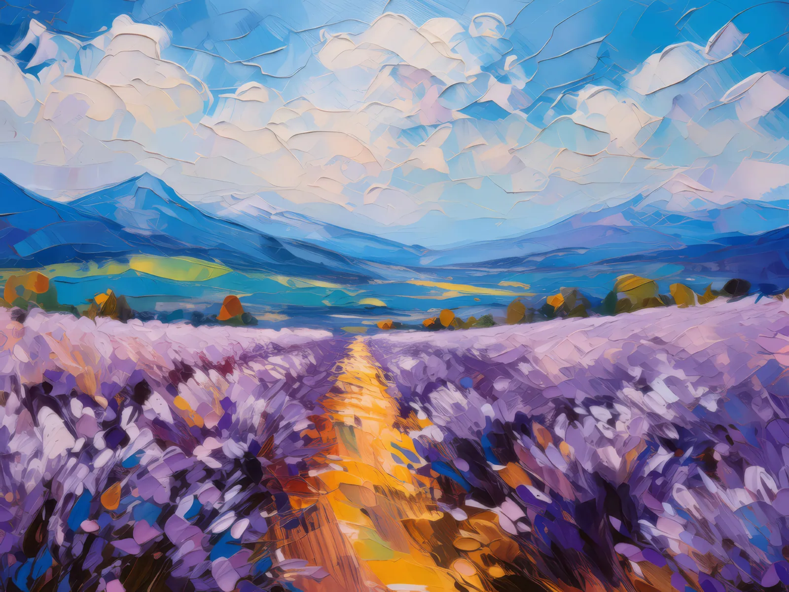 Lavender Field Breeze, a palette-knife oil landscape by Emma Mickelberg