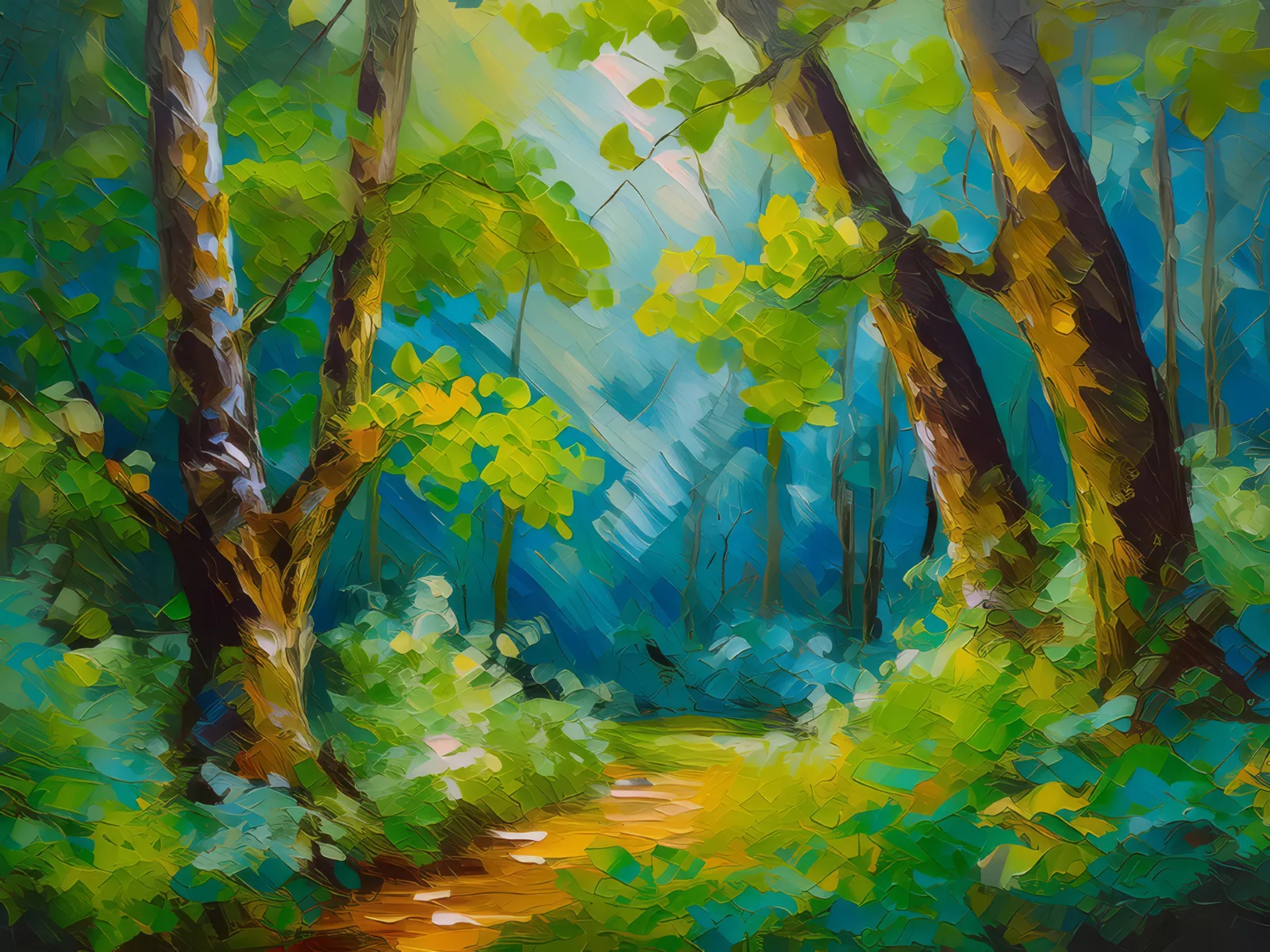 Leafy Solitude Under Trees, a palette-knife oil landscape by Emma Mickelberg